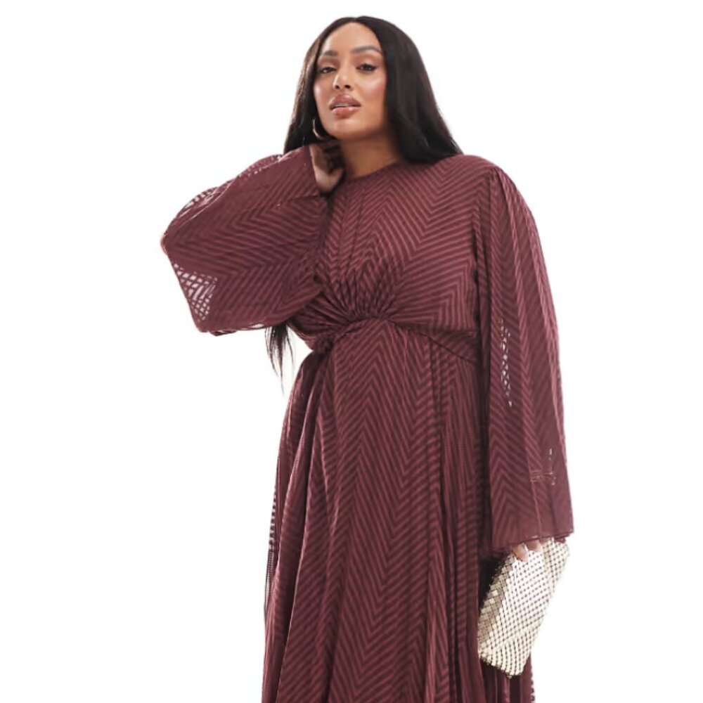 ASOS DESIGN Curve tie back fluted sleeve pleated chevron chiffon in burgundy